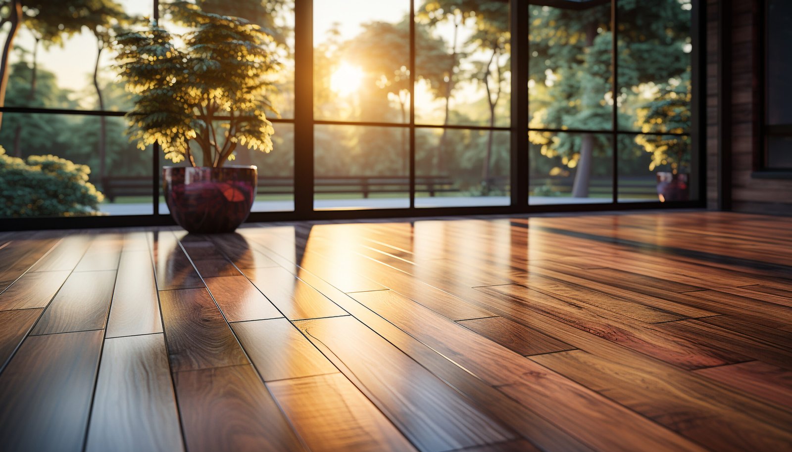 Modern apartment with hardwood flooring, sunlight reflects off glass window generated by artificial intelligence